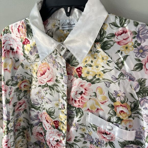 Kathryn Floral Satin Button Front Lined Sleep shirt Night gown, size est‎ L - Picture 5 of 16